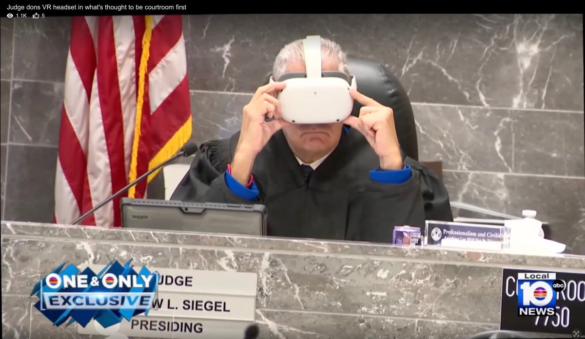 🚨 Historic first: VR evidence debuts in US criminal court. As Judge Siegel puts on the headset in a stand-your-ground hearing, we're witnessing a transformation in how courts experience evidence. My analysis on what this means for justice: open.substack.com/pub/judgeschle…

#LegalTech