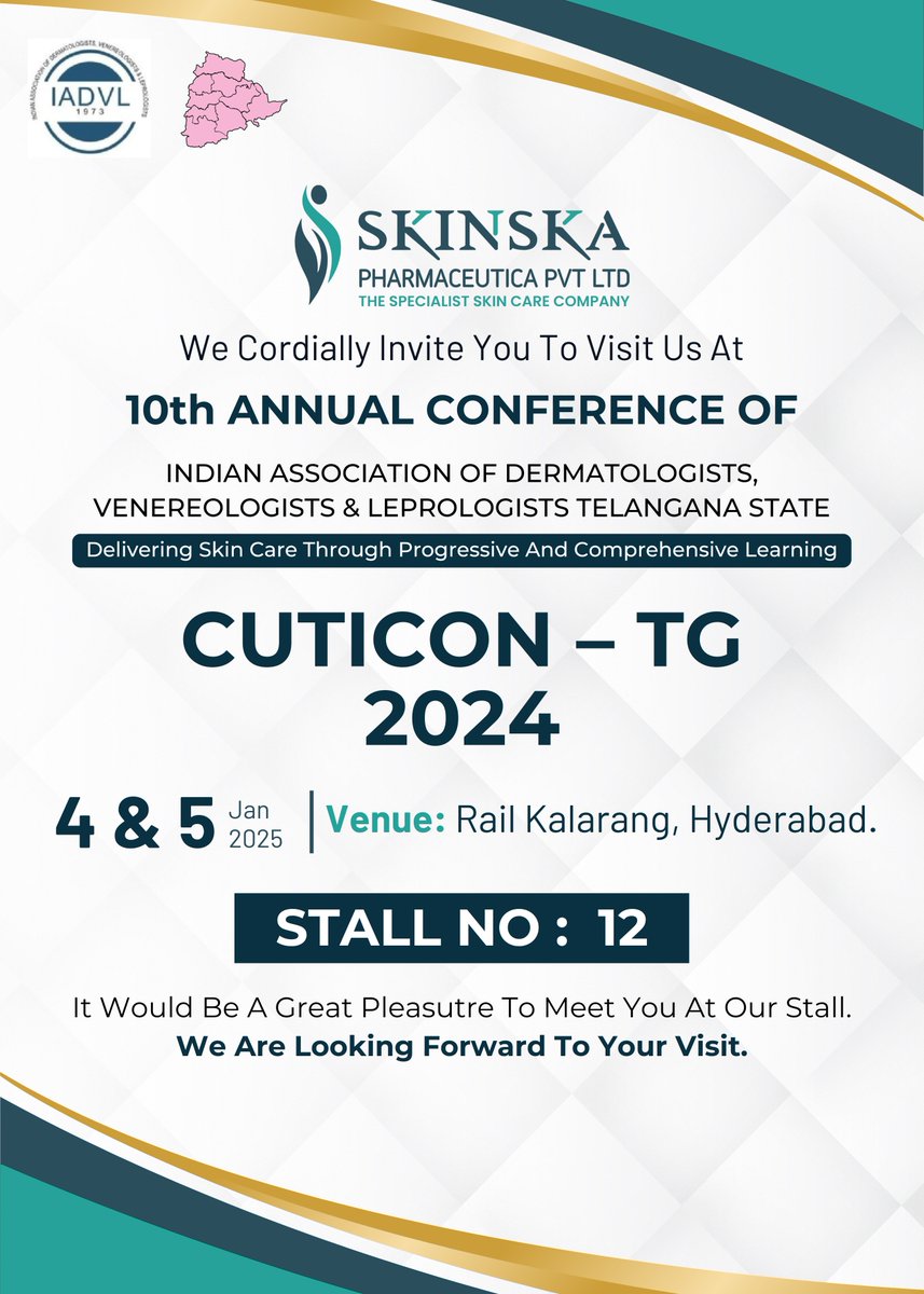 skinskapharma's tweet photo. 🌟 Join Us at CUTICON – TG 2024!
📅 Dates: 4th &amp; 5th January 2025
📍 Venue: Rail Kalarang, Hyderabad
🎯 Stall No.: 12
📸 Don't forget to snap a picture at our booth and tag us to get featured!
#CUTICON2024 #IADVL #Hyderabad #DermatologistNetworking #ProgressiveLearning #skinska https://t.co/fnvPWPhsza