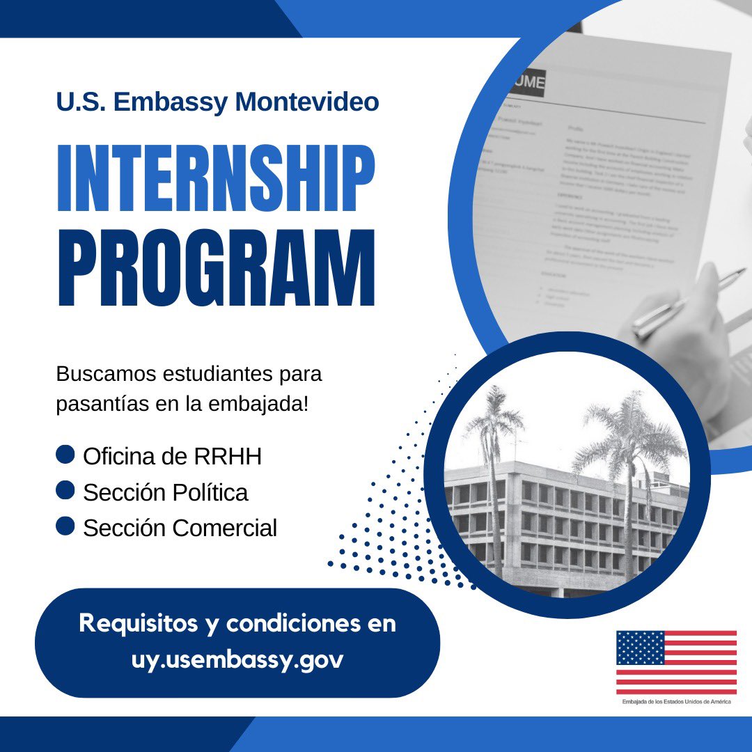 🇺🇸¡Sumate a nuestro programa de pasantías en @usembassymvd!

▫️¿Qué buscamos?
Estudiantes de distintas carreras como Administración, RR.HH., Ciencias Políticas y áreas afines.

Idiomas: Buen manejo del inglés, tanto oral como escrito.

Habilidades: Proactividad, trabajo en equipo