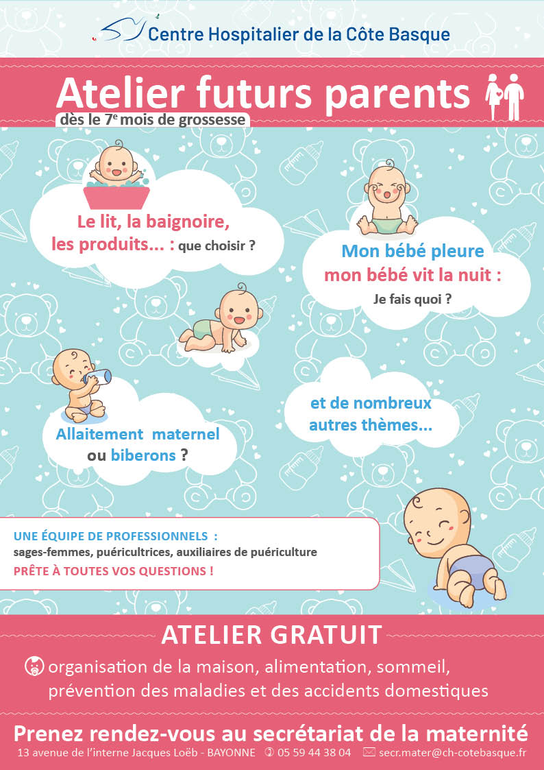 Pays basque #parentalité #maternité #Bayonne.  Le Centre Hospitalier de la Côte Basque via son service maternité propose des ateliers  pour les #futurs #parents. Prochaine session le jeudi  9 janvier
 ch-cote-basque.fr/actusantepub/2…