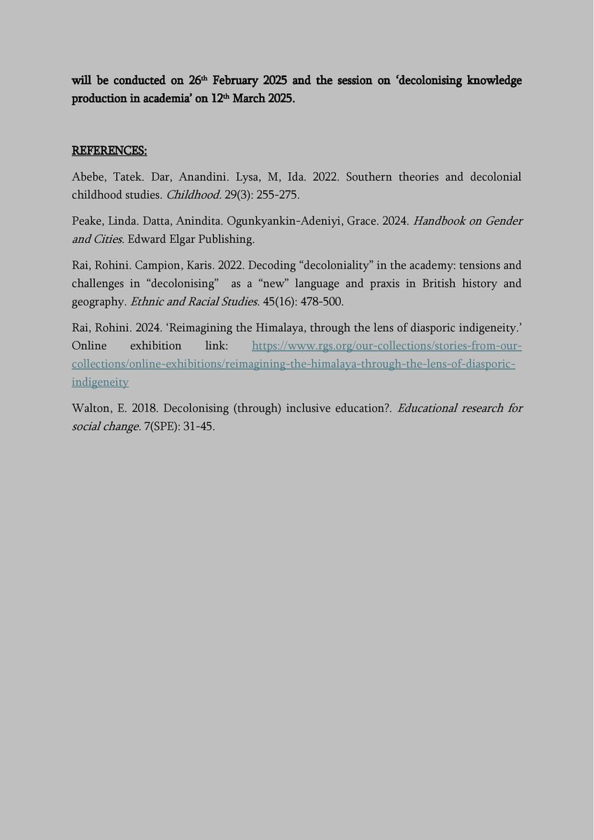 Udita Bose (@joyeeinthejoy) on Twitter photo Call for abstracts.
Decolonising development geographies of children, young people, and families: An online PGR symposium.
The deadline to submit abstracts is 15th January 2025.
For queries and abstracts, please contact:
decolonial17@gmail.com
<a href="/RGS_IBG/">Royal Geographical Society (with IBG)</a>
<a href="/DevGeogsRG/">DevGeogsRG</a> <a href="/gcyfrg/">GCYFRG (RGS-IBG)</a> Call for abstracts.
Decolonising development geographies of children, young people, and families: An online PGR symposium.
The deadline to submit abstracts is 15th January 2025.
For queries and abstracts, please contact:
decolonial17@gmail.com
<a href="/RGS_IBG/">Royal Geographical Society (with IBG)</a>
<a href="/DevGeogsRG/">DevGeogsRG</a> <a href="/gcyfrg/">GCYFRG (RGS-IBG)</a>