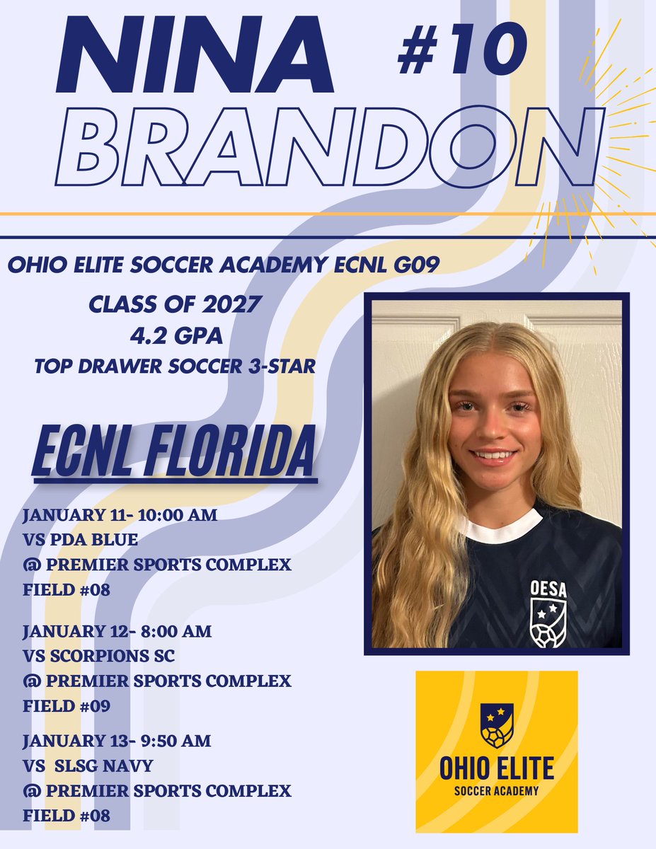 Nina Brandon • ECNL 2027 (@ninabrandon09) on Twitter photo Excited to compete in #ECNLFL. Come watch my team play!
🌞⚽️
<a href="/ohioelite/">Ohio Elite Soccer Academy</a>
<a href="/ImYouthSoccer/">ECNL/GA/Recruiting/College Soccer</a>
<a href="/ImCollegeSoccer/">College Soccer Truth ™</a>
<a href="/TopDrawerSoccer/">TopDrawerSoccer</a>
<a href="/ECNLgirls/">ECNL Girls</a> Excited to compete in #ECNLFL. Come watch my team play!
🌞⚽️
<a href="/ohioelite/">Ohio Elite Soccer Academy</a>
<a href="/ImYouthSoccer/">ECNL/GA/Recruiting/College Soccer</a>
<a href="/ImCollegeSoccer/">College Soccer Truth ™</a>
<a href="/TopDrawerSoccer/">TopDrawerSoccer</a>
<a href="/ECNLgirls/">ECNL Girls</a>