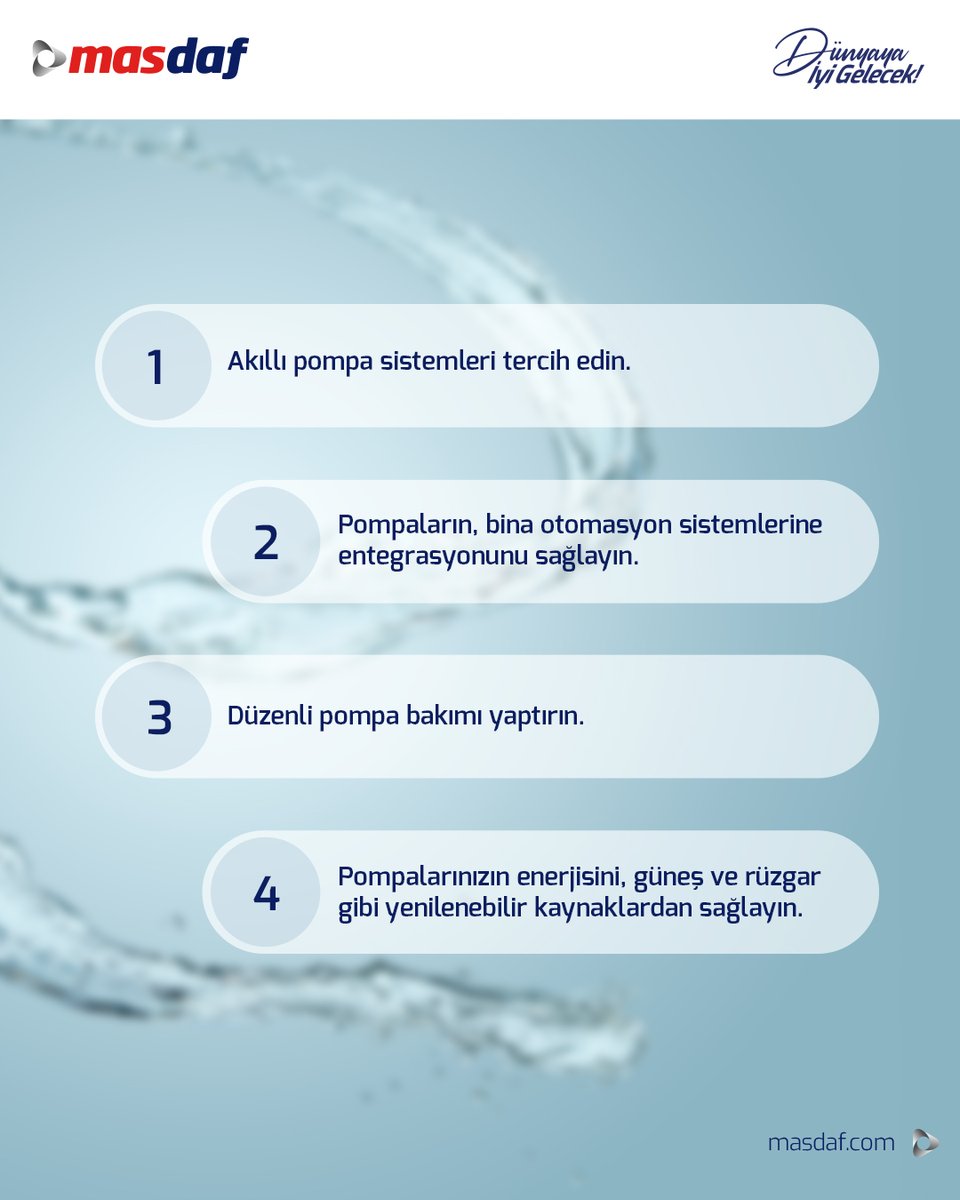 Sürdürülebilir bir gelecek için şimdi harekete geçme zamanı! 🌱 
Masdaf olarak, akıllı pompa sistemlerimiz ile doğal kaynaklarımızı koruyoruz. Siz de bu 4 adımı uygulayarak çevresel etkilerinizi düşürün. 

#masdaf #masdafdünyayaiyigelecek #pompasistemleri #pompaçözümleri