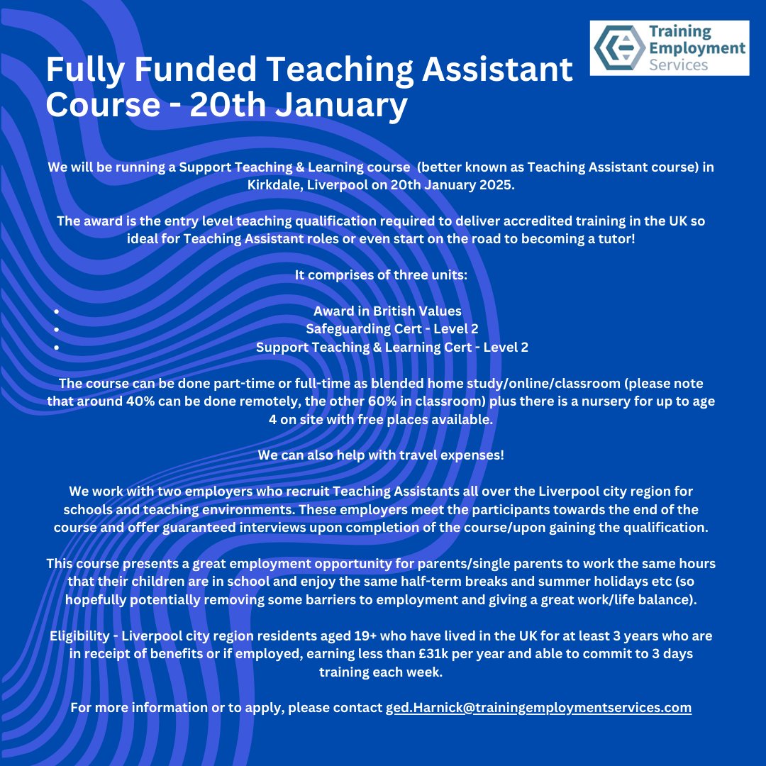 FULLY FUNDED TEACHING ASSISTANT COURSE - 20TH JANUARY