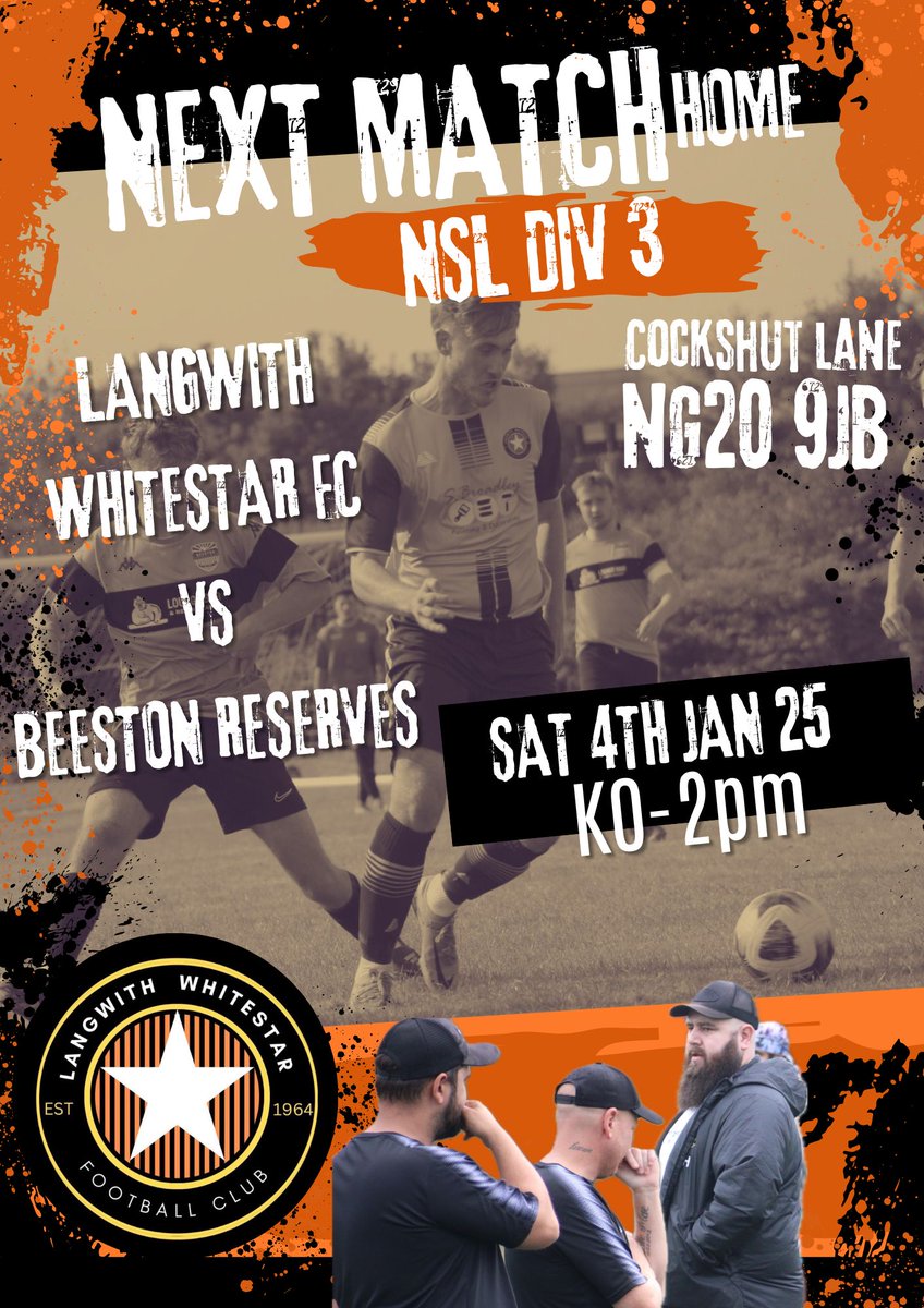 Langwith Whitestar FC (@fcwhitestar) on Twitter photo At home to league leaders <a href="/Beestonreserves/">Beeston FC reserves</a> tomorrow. Should make for a cracking game 🧡🖤
📍Cockshut Lane
⏰️2pm KO At home to league leaders <a href="/Beestonreserves/">Beeston FC reserves</a> tomorrow. Should make for a cracking game 🧡🖤
📍Cockshut Lane
⏰️2pm KO