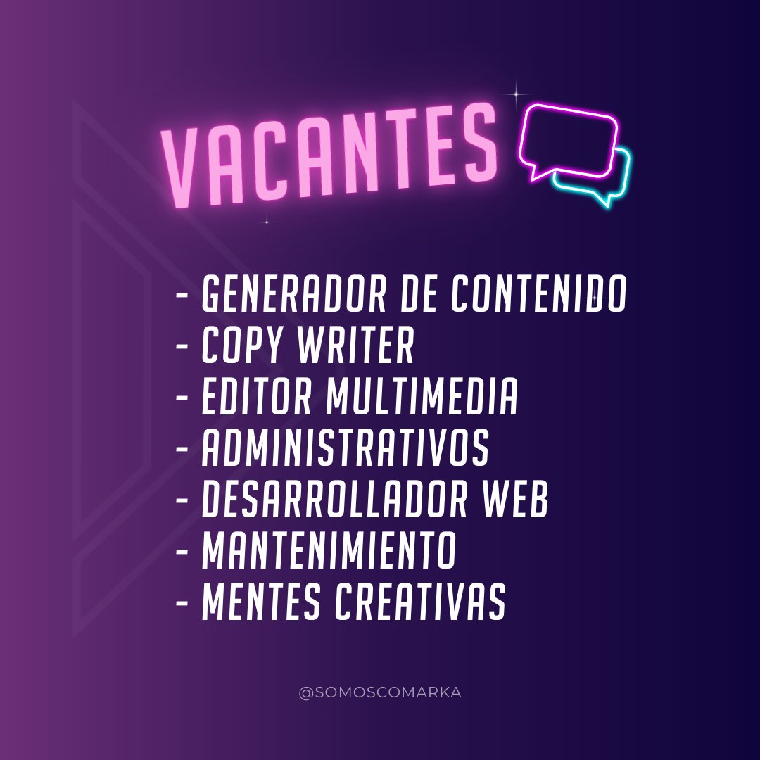 Comarka Firma Creativa (@somoscomarka) on Twitter photo ¡Creativo, es tu momento!
Manda tu CV a sangrenueva@comarka.mx y sé parte de nuestro team. 💥 #SomosComarka
#Puebla #vacantes #vacantesPuebla #marketing ¡Creativo, es tu momento!
Manda tu CV a sangrenueva@comarka.mx y sé parte de nuestro team. 💥 #SomosComarka
#Puebla #vacantes #vacantesPuebla #marketing