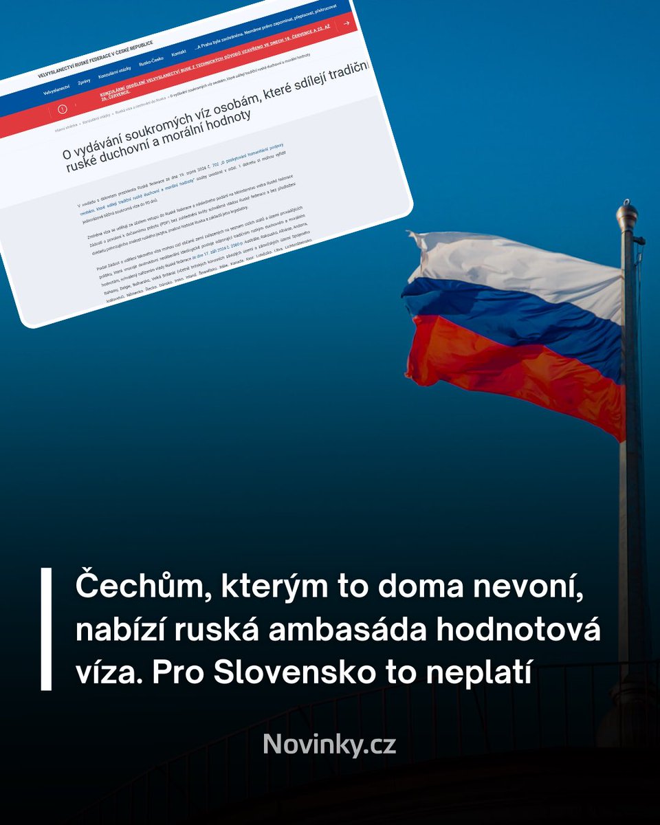 novinkycz's tweet photo. ❗️ Na stránkách ruského velvyslanectví v Praze jsou pro zájemce ze zemí, které občanům údajně vnucují „destruktivní neoliberální ideologické postoje“ k dispozici informace o získání povolení k dočasnému pobytu. Občané těchto států, mezi něž Ruská federace řadí i Českou republiku, kteří sdílejí „tradiční ruské duchovní a morální hodnoty“, mohou vycestovat do Ruska a požádat o dočasný pobyt.

👉🏻 https://t.co/TAXbrvzyer