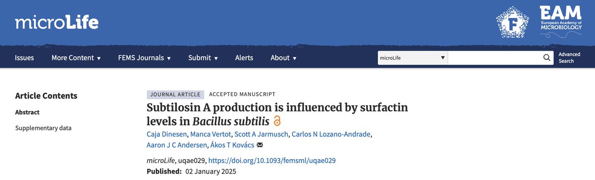 EvolvedBiofilm's tweet image. See our new publication in @femsjournals.bsky.social #microLIFE by @CajaDinesen et al where we reveal that surfactin represses subtilosin A production in Bacillus subtilis

academic.oup.com/microlife/adva…

#INTERACT_NNF project funded by @novonordiskfond and finished at @LeidenBiology