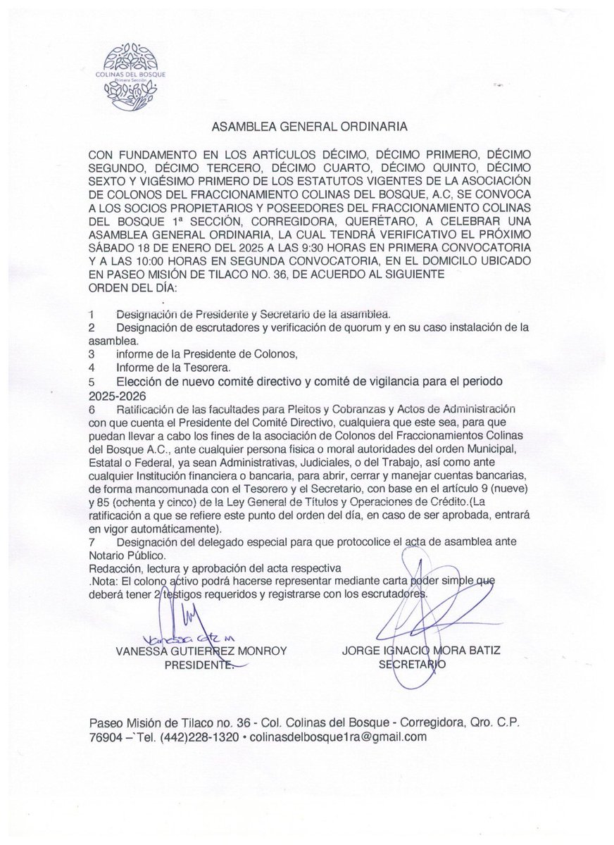 ColinasBosque1's tweet photo. CONVOCATORIA:

Asamblea General Ordinaria 

Sábado 18 de enero de 2025 
9:30 hrs.

Paseo misión de Tilaco No. 36 https://t.co/v7IqjdzKcE