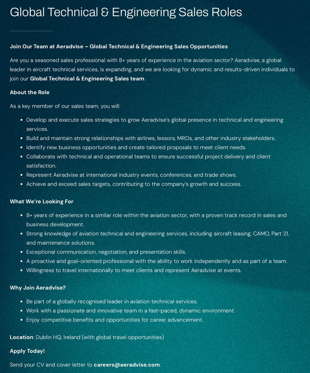 Let's get talking. Our business is experiencing unprecendented growth and has many exciting projects lined up for 2025. Because of this we are on the hunt for the best talent. Take a look at our careers page at aeradvise.com