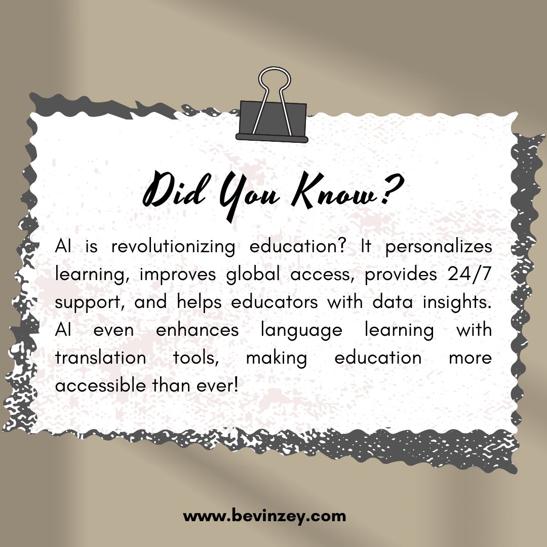 bevinzey's tweet image. 📚 AI is Revolutionizing Education! 🚀
AI is personalizing learning, offering 24/7 support, and improving global access to education. 🌍 It even enhances language learning with translation tools! Ready to see how AI is changing the way we learn?
#AIinEducation #TechInLearning…
