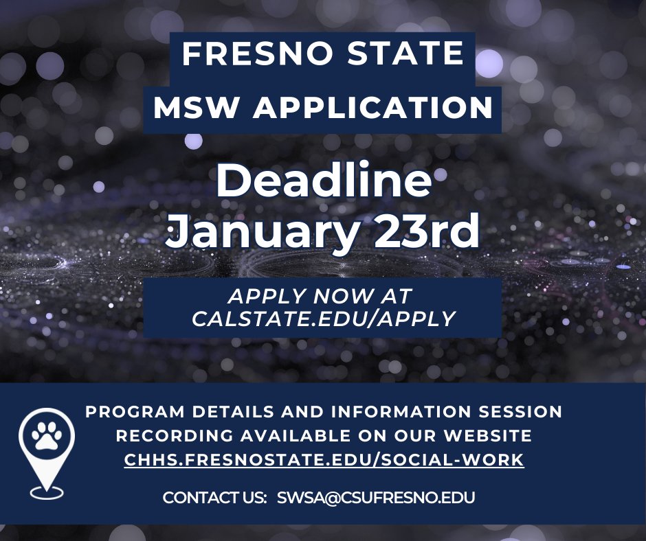 Happy New Year!!!

The MSW application period for Fresno State will be closing January 23rd so be sure to complete your applications soon.
Visit our website for more information chhs.fresnostate.edu/social-work/in…
For any questions contact at swsa@csufresno.edu