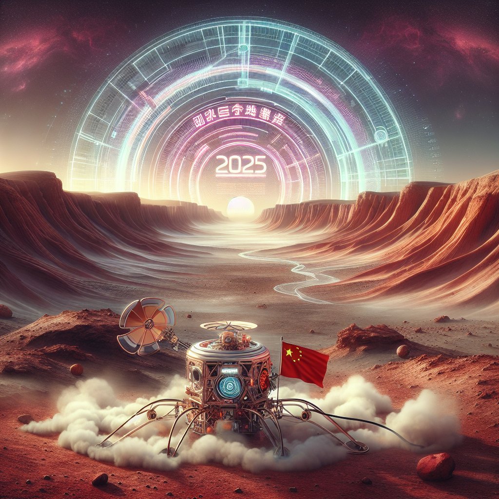 ai_explored's tweet image. 🛰️🇨🇳 Tianwen-4 lands on Mars on Jan 3, 2025. Futuristic spacecraft touches down amidst red dust, Martian canyons in the backdrop. Year '2025' marks this space milestone. Prompt &amp;amp; image AI-generated. #MarsLanding #AIArt #ai_explored