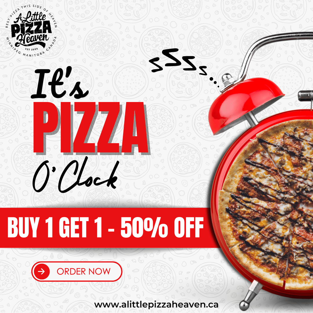 🍕 It's Pizza O'Clock at A Little Pizza Heaven! 🕒 Grab your slice of heaven this weekend with our buy one get one 50% off pizza special. Tag a friend and come indulge in some cheesy goodness! Don't miss out on this delicious deal. 

🌐 - alittlepizzaheaven.ca