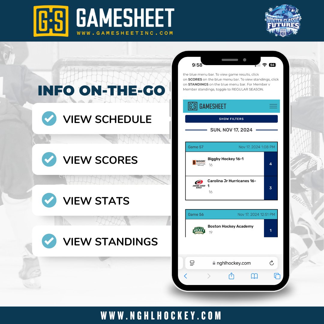 nghlhockey's tweet image. Get the latest schedules, scores, stats, and standings—anytime, anywhere. Everything you need to follow the action is just a click away 📱 Check it out now at nghlhockey.com! 🏒
.
.
.
#NGHL #NationalGirlsHockeyLeague #Gamesheet #YouthHockey #WinterClassic #Futures
