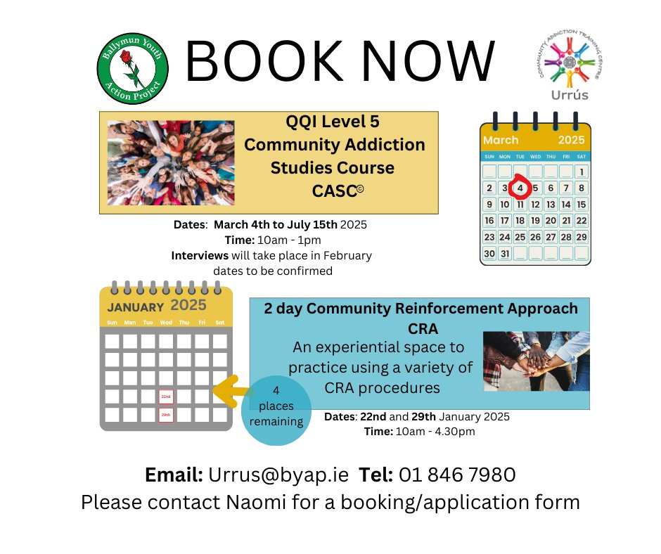 There are 4 places left on the Community Reinforcement Approach course starting on the 22nd with a second day on the 29th.

There will be a Community Addiction Studies Course starting on March 4th for 20 weeks