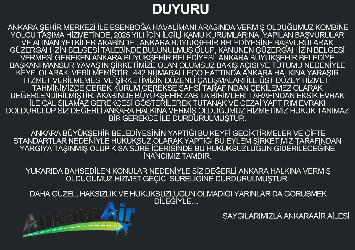 ankaraair's tweet photo. Kamuoyuna saygıyla duyurulur. #AnkaraAir 
https://t.co/pOSXHre0eJ
Detaylı bilgi için 444 9 312 https://t.co/HYGGXrtDzM