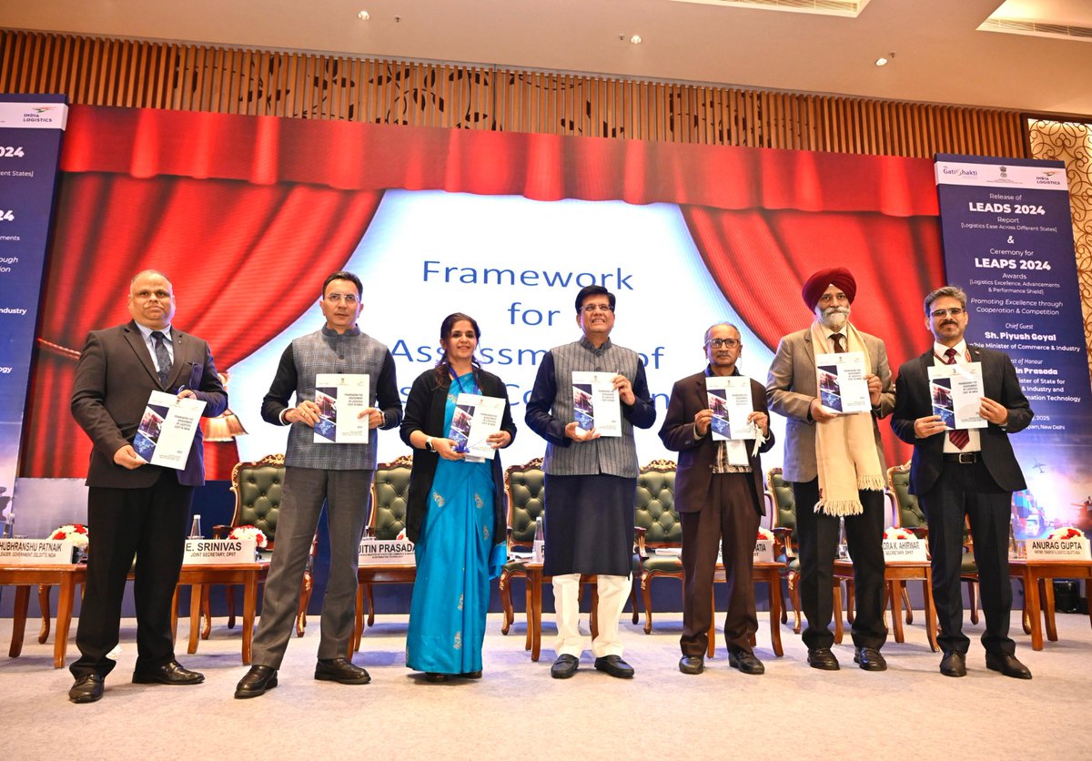 PiyushGoyal's tweet photo. Released the Logistics Ease Across Different States (LEADS) 2024 Report and gave away the LEADS & Logistics Excellence, Advancements and Performance Shield (LEAPS) Awards 2024 along with MoS @JitinPrasada ji.

We also released the 'Framework for Assessment of Logistics Cost in India' and launched the 15-hour course on PM Gati Shakti by Gati Shakti Vishwavidyalaya.

In my address, highlighted how the logistics sector is central to accelerating India's growth and emphasised that the time has come for scaling up of Digital Public Infrastructure enabling its transformation into a world-class ecosystem. 

📹 https://t.co/6iIAb69cbW