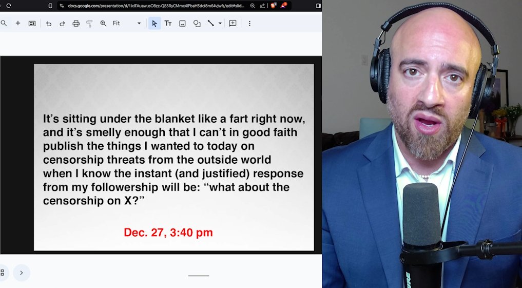 I've been working on a very detailed &amp; formal 2 hour video going over my investigation into the free speech &amp; censorship concerns that played out here on X this week. Need to attend a family trip now but wanted at least something up b4 leaving, so cobbled this 18 min placeholder https://t.co/8wFsbeHoWT