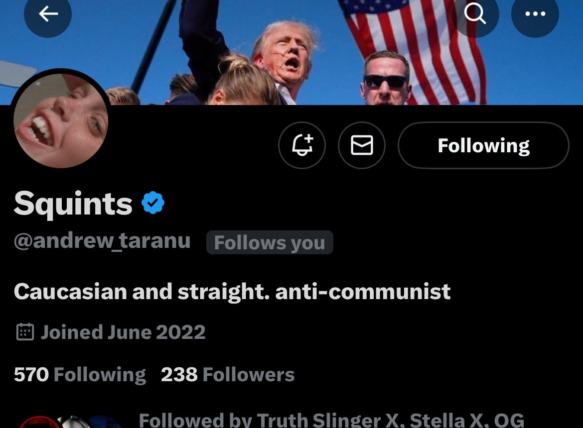 Andrew has been liking my stuff since I had a couple thousand followers!

Follow <a href="/andrew_taranu/">Squints</a> and repost!

He’s MAGA and apparently loyal!