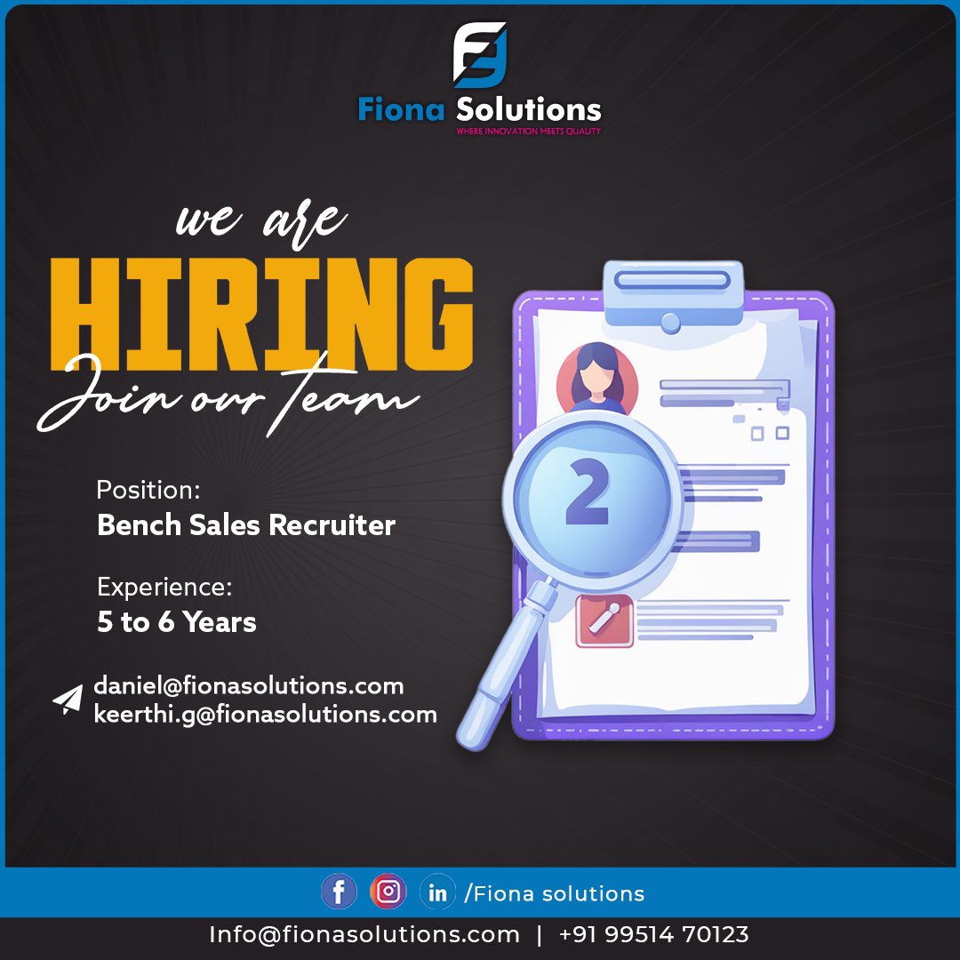 FionaSolutions's tweet image. Are you ready to take your career to the next level with a company where innovation meets quality? Let’s make it happen together!
📧 Email us your resume at:
📩 daniel@fionasolutions.com
📩 keerthi.g@fionasolutions.com

📞 Contact us: +91 99514 70123
fionasolutions.com