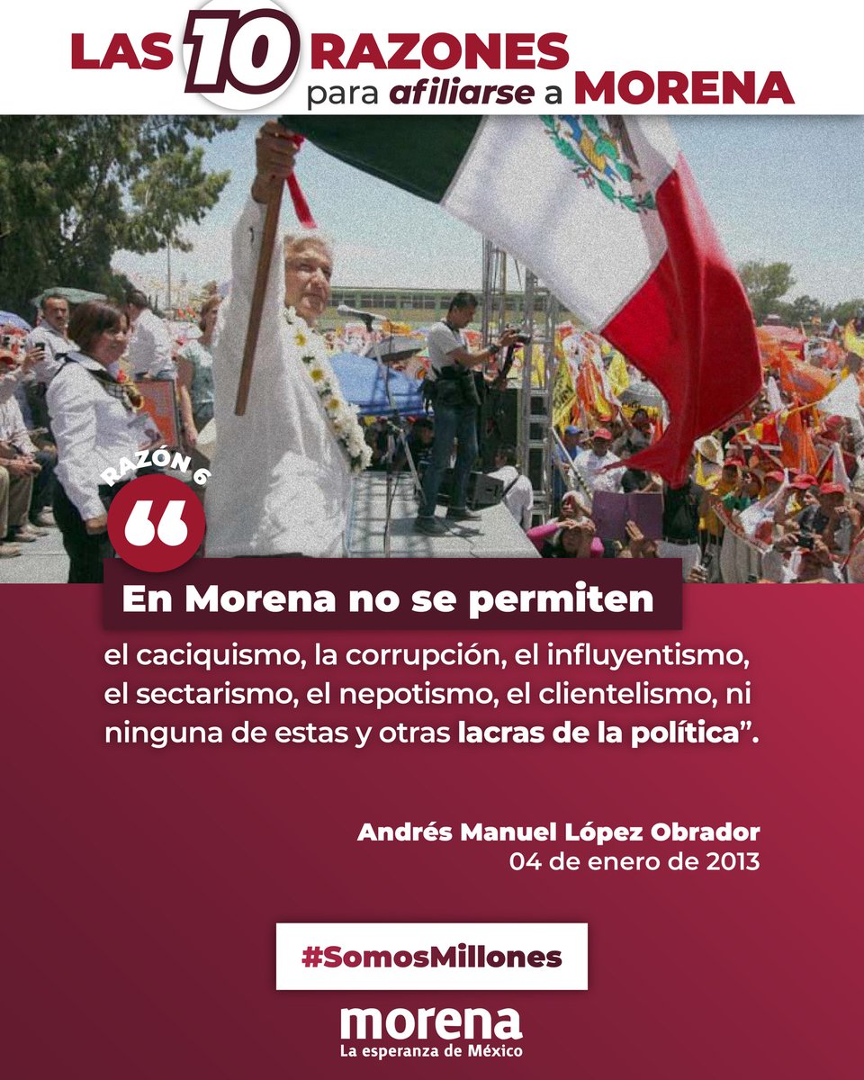 En 2013, el Presidente <a href="/lopezobrador_/">Andrés Manuel</a> señaló 10 razones fundamentales para sumarse al Movimiento de Transformación nacional, la número 6 incluye la construcción de un partido diferente, con valores éticos sólidos. 

Al día de hoy, seguimos luchando por erradicar prácticas que
