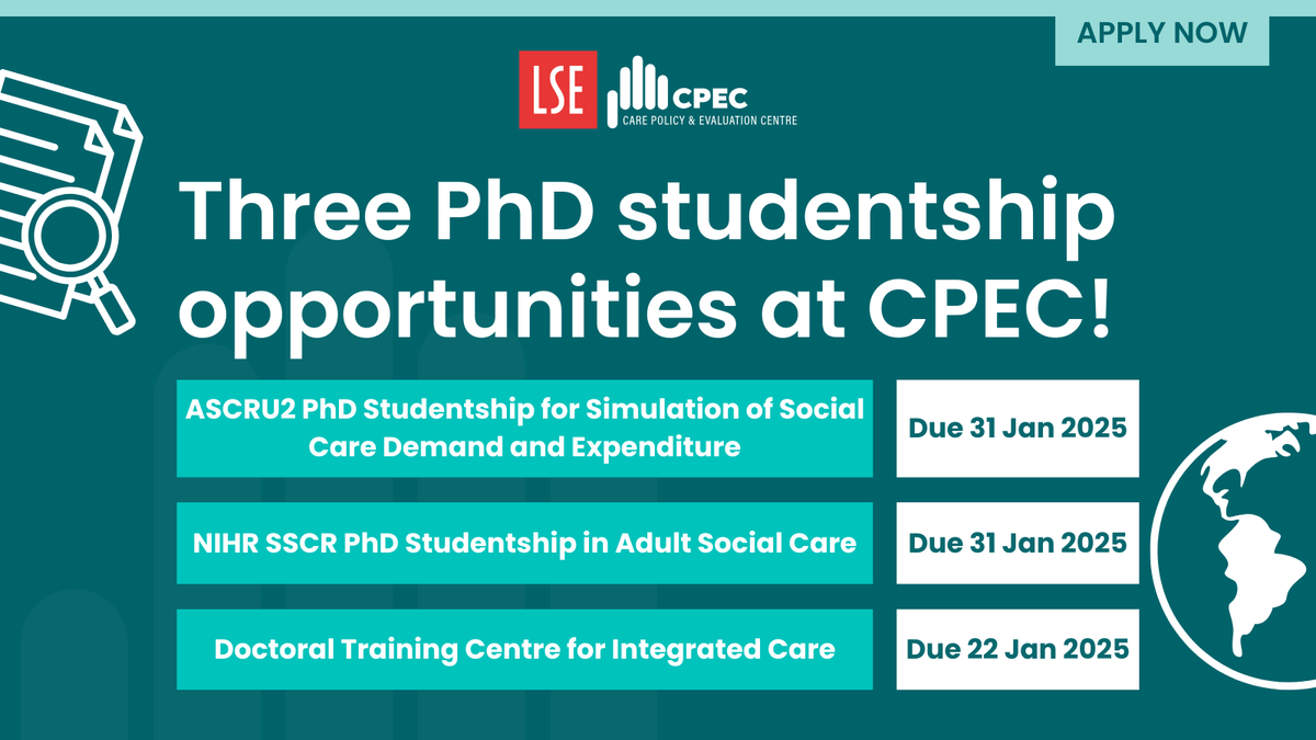 THREE #PhD opportunities at CPEC! 🎓

Is 2025 the year you further your academic career? 

We have 3 fully-funded opportunities open for applications, focusing on various aspects of #SocialCare, from economic simulations to inequality. 🔍

FIND OUT MORE:👉 lse.ac.uk/cpec/studentsh…