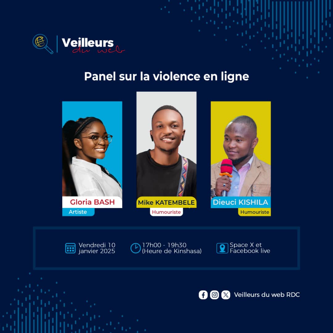 Tic tac 🥳

Nous te présentons nos invités pour le panel de ce 10 janvier ! 🎊
Gloria Bash , artiste depuis Goma
MIKE KAT officiel , humoriste depuis Mbujimayi
Dieuci Kishila, Humoriste depuis Lubumbashi

Maintenant que tu les connais, vas-tu rater cet événement ? 😍
