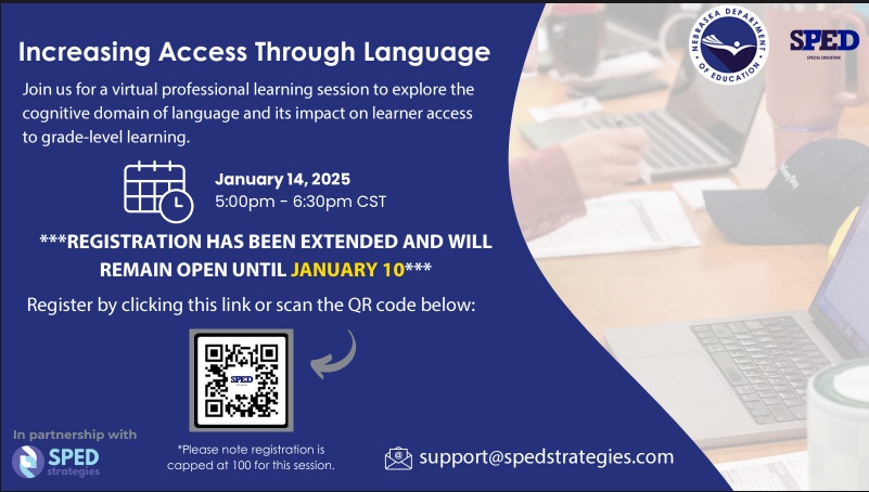 NDE_SPED's tweet image. Just a friendly reminder that registration for the Supporting Language Needs virtual session is due next week! Space is limited so please register with the commitment to attend. See you soon!