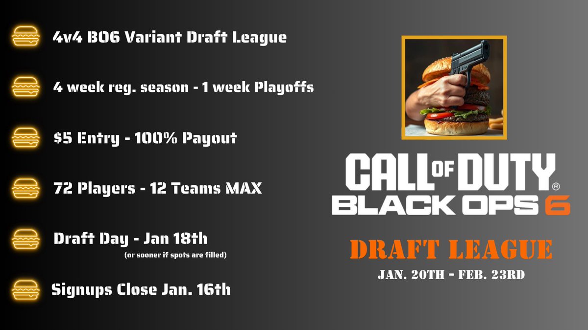 ❗️4v4 BO6 VARIANT DRAFT LEAGUE❗️

Signup link posted below ⬇️ 

Join the discord or DM for more information💯
