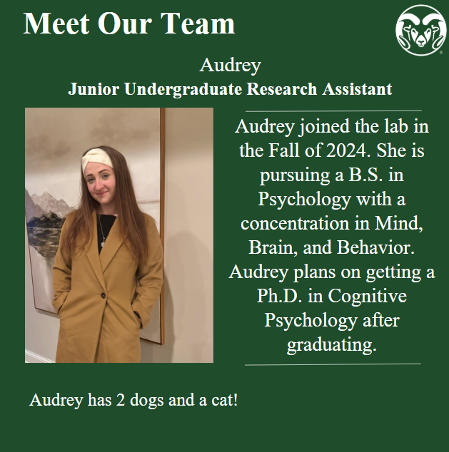 CSU_behav_lab's tweet image. Meet Audrey! Audrey is currently an undergraduate RA in our lab!
#meettheteam #foco #coloradostate #research #behavioralmedicine