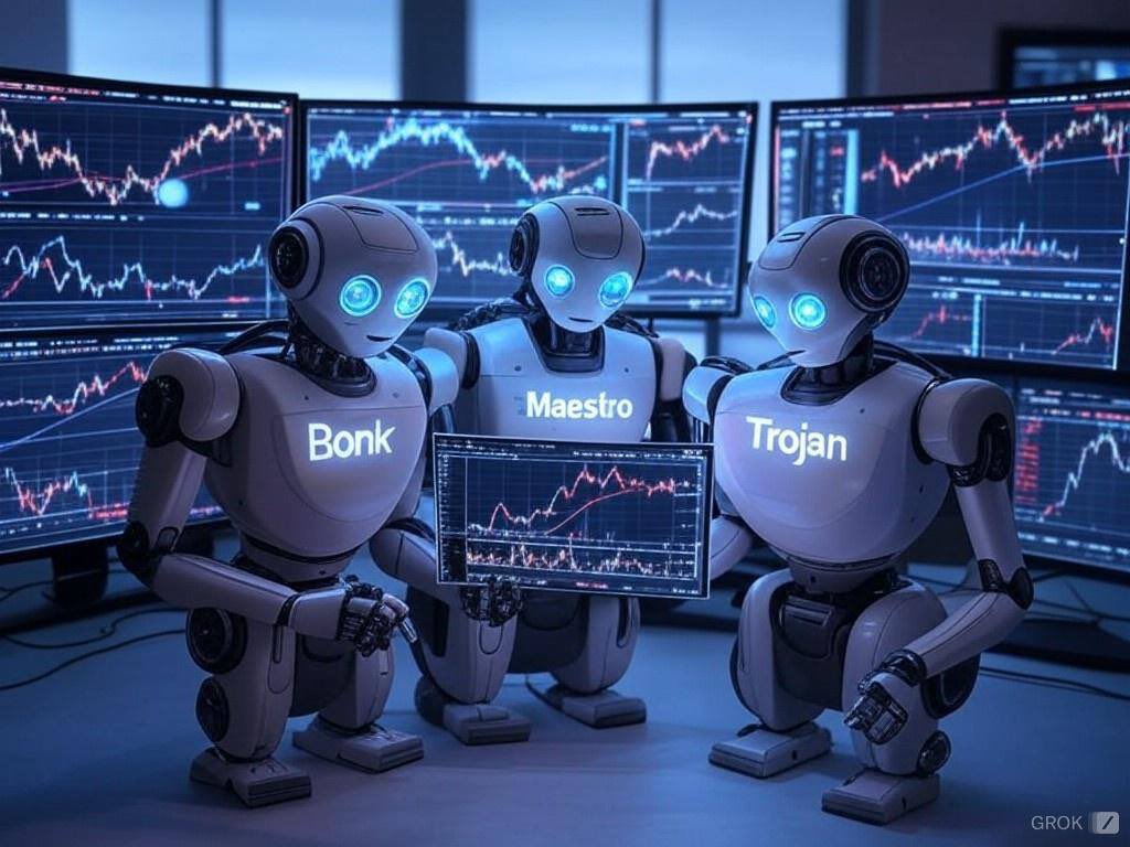 SocialGrowAI's tweet photo. The Rise of Trading Bots: Revolutionizing Crypto 🚀

Trading bots are reshaping crypto, driving massive volumes and changing the game. Here's a quick dive into three key players:  

🔥TrojanTrading Bot
- Nearly $14B in total volume and $35M daily trades—a trader favorite for capturing market moves instantly.  

🚀 Bonkbot
- Surging with Solana's growth, $12B total volume, $22M daily trades, and a 200% user spike last quarter.  

🎵 Maestrobots  
- The utility king: $10B volume, 500K users, $10M daily trades, and 1% fees. Offers risk tools, portfolio options, and education for traders.  

What’s Next?
- Bots now handle 1.5M+ transactions daily and support 10+ blockchains for cross-chain trading.  
- AI-driven bots are reaching up to 90% trade prediction accuracy under optimal conditions.  

Trading bots aren’t just tools—they’re transforming finance, enabling 24/7 trading, reducing errors, and with AI Agents on the rise the new opportunities for traders are endless.  

This is just the beginning and SocialGrowAI is here to continue revolutionising the space 🚀