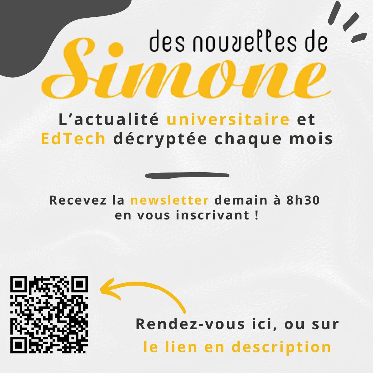 #inscription - Des Nouvelles de Simone sort demain ! 🚀

Pour cette première édition de 2025, les Robots vous proposent d’en apprendre plus sur les tendances EdTech et universitaire pour la prochaine année.

Pas inscrit❓

👉 RDV ici : simoneetlesrobots.com/newsletter-ens…