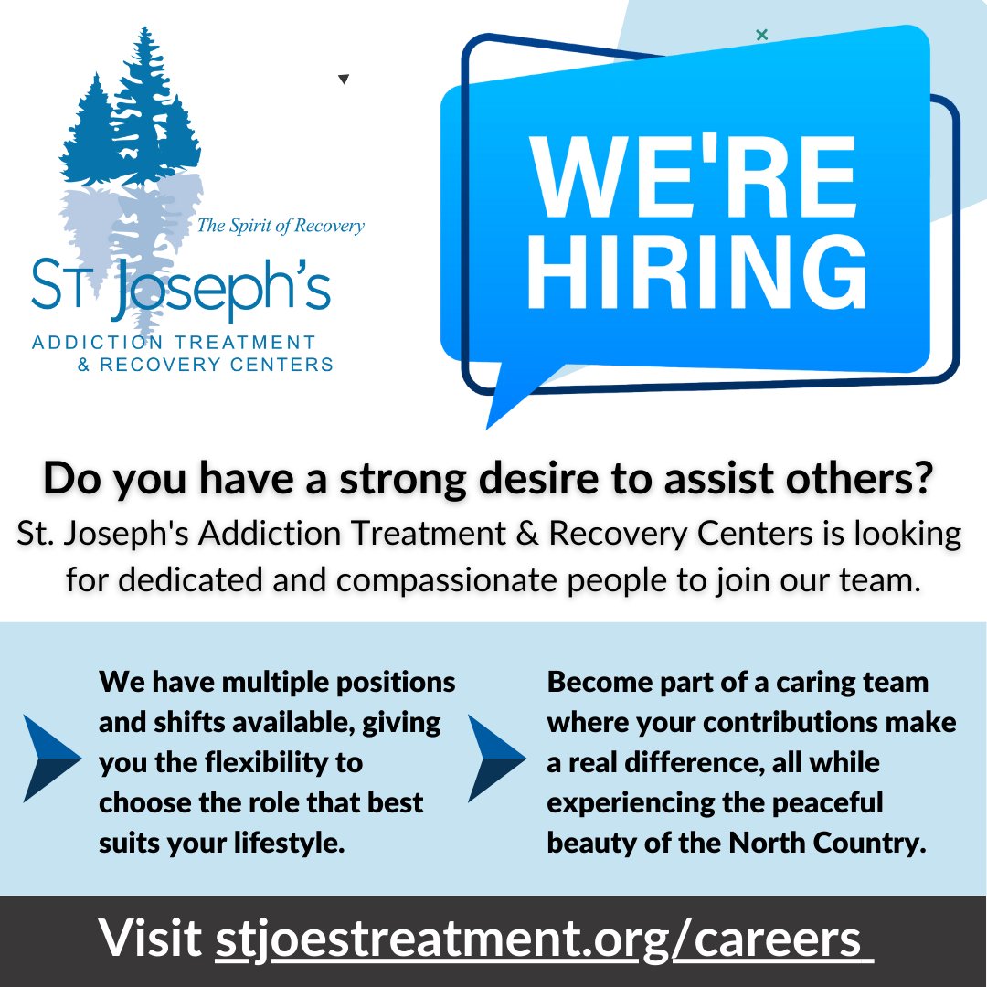 Are you passionate about positively impacting the lives of others?  Join our team and help empower individuals and families facing substance use and gambling disorders. Be part of a mission that transforms lives.
Apply today: Stjoestreatment.org/careers