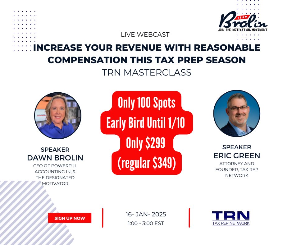 Reasonable compensation saves clients thousands &amp; audit-proofs returns! Join Eric Green, Esq., &amp; me for a master class to add this service to your tax season lineup.
- Register by the 10th for big savings!
- TRN Members: Use code TRN99ONLY for $99!
 taxrepllc.com/20250116-mc-re…