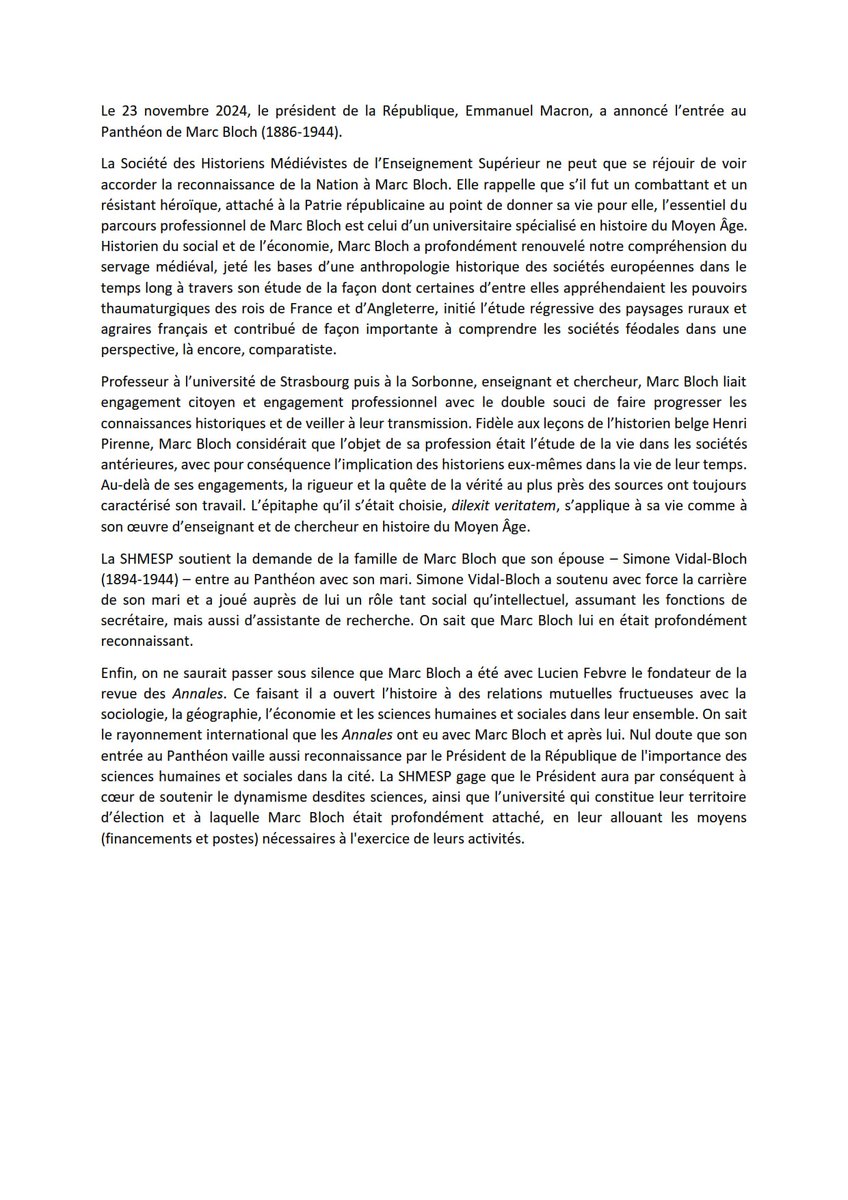 Communiqué de la SHMESP à propos de l'entrée de Marc Bloch au Panthéon