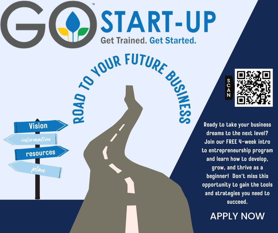 New Year, New Goals, New Opportunities! If you've been dreaming of turning your idea into a reality let 2025 be the year to make it happen. GO Start-up is a 4-wk course. Spots are limited! Don't wait to bring your vision to life. Register today by visiting form.jotform.com/241436263207047