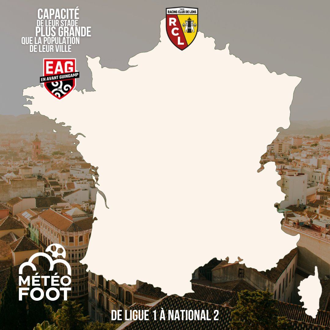 🏟 Les recherches ont été faites, oui certains parleront d'aires urbaines, mais factuellement, il n'y a que ces deux clubs qui sont dans ce cas..!

..Si votre club est présent sur cette carte c'est qu'il a une capacité de stade plus grande que le nombre d'habitants de sa ville !