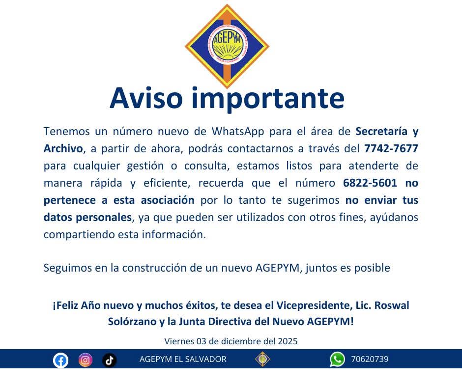 ¡Estamos en contacto nuevamente! 🥳

Escríbenos a nuestro nuevo WhatsApp 7742-7677, será un placer atenderte.

¡Un nuevo AGEPYM es posible! 😎✊