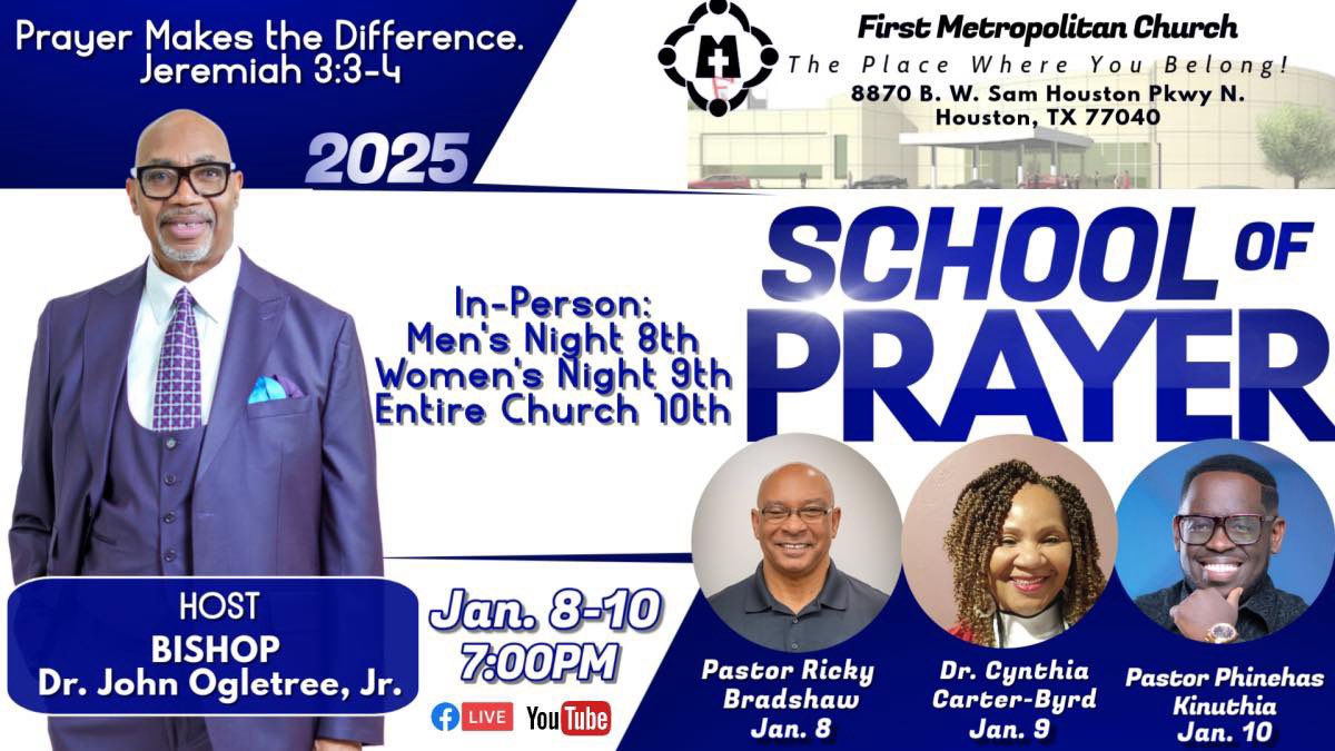FirstMetSocial's tweet image. Calling all Men of First Metropolitan Church and guest men to prayer January 8th in person at First Met!
Official First Met Fan Group First Met Social
#prayer #church #houstontx #God #myfirstmet @FirstMetChurch