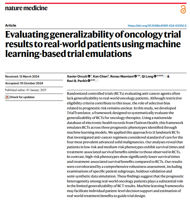 Ravi B. Parikh (@ravi_b_parikh) on Twitter photo One of the hardest things I do in #oncology clinic is translate results from a clinical trial to the #patient in front of me. In <a href="/NatureMedicine/">Nature Medicine</a>, we introduce TrialTranslator, a #machinelearning framework for individualized #cancer trial emulation.
nature.com/articles/s4159… One of the hardest things I do in #oncology clinic is translate results from a clinical trial to the #patient in front of me. In <a href="/NatureMedicine/">Nature Medicine</a>, we introduce TrialTranslator, a #machinelearning framework for individualized #cancer trial emulation.
nature.com/articles/s4159…