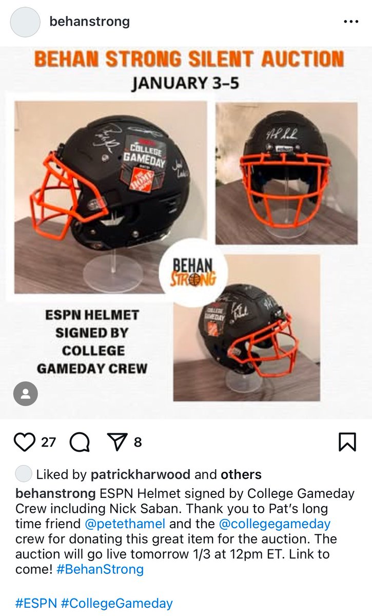 Pete Thamel (@petethamel) on Twitter photo For any <a href="/CollegeGameDay/">College GameDay</a> fans who want to support <a href="/CoachBehanSJC/">Patrick Behan</a>, here’s a signed helmet by our whole crew. All proceeds go to <a href="/CoachBehanSJC/">Patrick Behan</a> and his fight against ALS. For any <a href="/CollegeGameDay/">College GameDay</a> fans who want to support <a href="/CoachBehanSJC/">Patrick Behan</a>, here’s a signed helmet by our whole crew. All proceeds go to <a href="/CoachBehanSJC/">Patrick Behan</a> and his fight against ALS.