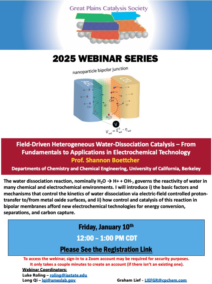 Great Plains Catalysis (@gpcatalysissoc) on Twitter photo Please join us for our next webinar by Prof. Shannon Boettcher of the University of California, Berkeley, on January 10. If you are not a member but still want to join the webinar, use the following registration form:
greatplainscatalysis.org/webinars/upcom…
<a href="/BoettcherLab/">Boettcher Lab</a> Please join us for our next webinar by Prof. Shannon Boettcher of the University of California, Berkeley, on January 10. If you are not a member but still want to join the webinar, use the following registration form:
greatplainscatalysis.org/webinars/upcom…
<a href="/BoettcherLab/">Boettcher Lab</a>