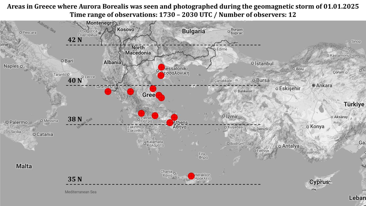 csath's tweet image. The importance of instant communication. A friend was the 1st to see #AuroraBorealis on 01.01.2025 at NW Greece &amp;amp; he immediately pm me. I shared the info directly &amp;amp; now we have at least 12 observers. This is the updated map. I’ve gathered photos, etc here: antisimvatikos.blogspot.com/2025/01/blog-p…