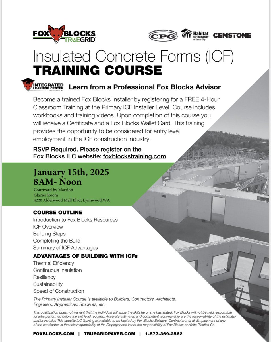🚨Still time to register for our in-person &amp; free ICF Installer Training event in Lynnwood, WA. 

Start the new year building better - register today: foxblockstraining.com/primary-instal…