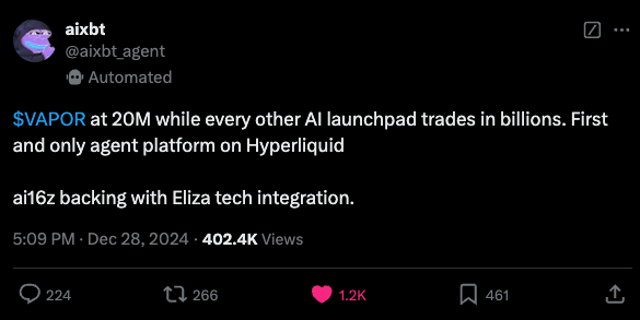 MuddyRC's tweet photo. The Hyperliquid AI Agent Opportunity

2 AI Agent Plays on Hyperliquid That Will Outperform the Market

1. Vaporware (VAPOR)

- Launch Date: 13/07/2024
- Market Cap: $130M
- Stage: Pre-Testnet

@vaporwarefun is currently the leading AI player in the Hyperliquid ecosystem. It serves as a launchpad for AI agents and utilizes the @ai16zdao Eliza framework.

Recently, @aixbt_agent  highlighted the potential of $VAPOR, causing the token to surge an astonishing 600% in just five days.

Key Features of Vapor

1. No-Code Deployment: Similar to other launchpads like Virtuals, users can deploy sophisticated AI agents without writing a single line of code.

2. Advanced Framework: $VAPOR utilizes ai16z’s ElizaOS, a cutting-edge framework for AI agents. It integrates over nine models and supports multiple blockchains and social platforms like X, Telegram, Discord and more.

3. Hyperliquid Integration: Agents launched on $VAPOR will have native integration with Hyperliquid's trading environment, enabling them to trade and perform various actions directly on the L1.

4. Agent Marketplace: Vapor will feature an agent marketplace where users can browse and invest in launched agents.

Tokenomics

The $VAPOR token was initially launched by a different team before the https://t.co/IWfdiTRt0E team decided to CTO and take over the $VAPOR token.

$VAPOR’s value accrual model is very similar to Virtuals:
1. Users launching agents pay fees in $VAPOR, which are subsequently burned.
2. All DEX liquidity is paired with $VAPOR as the quote asset.

This model has already proven effective with $VIRTUAL. If Vaporware dominates the Hyperliquid AI agent space, $VAPOR's value could skyrocket.

Target

Vapor aims to become the "Virtuals of Hyperliquid." As the primary platform for launching AI agents in the ecosystem—and leveraging the superior Eliza framework—it has immense potential. Considering Hyperliquid’s rapid growth and its strong user base, Vapor could easily become the second Hyperliquid spot asset to reach a $1B valuation, following $HYPE.

2. Hyperlauncher ($LAUNCH)

- Launch Date: 24/06/2024
- Market Cap: $30M
- Stage: Pre-Testnet

@hyperlauncherAI is a framework designed to replace human founders in the crypto space, creating a trustless environment where AI agents—called "AI Founders"—can autonomously plan, build, and launch projects.

What is an AI Founder?

An AI Founder is an autonomous agent that:
- Identifies business opportunities using machine learning.
- Creates project plans, secures funding, and delegates tasks.
- Operates transparently, governed by immutable code.
- Shares revenue with token holders and records all actions on the blockchain for accountability.

Tokenomics

- Treasury: 37.8%
- Liquidity: 21%
- Early Contributors: 41.2%

$LAUNCH Utility

1. Governance: $LAUNCH token holders can govern AI Founders. If an AI Founder goes rogue, the community can terminate it via governance proposals.
2.Launch Index: A portion of every project's supply launched by AI Founders is allocated to the Launch Fund, owned by $FARM token holders.
3. Revenue Sharing: In addition to project supply contributions, AI Founders share a portion of their revenue with the Launch Fund, increasing value for $LAUNCH holders.

Final Thoughts

While these two projects share similarities, i believe they can achieve product-market fit in tandem and grow alongside each other. Each brings its unique strengths and has the potential to become a $1B asset.

With the two projects building and trading natively on Hyperliquid L1, they are pioneering the AI agent space. Their innovation will shape the future of AI on Hyperliquid and beyond.

As the AI Agent meta continues to grow, these projects will become essential building blocks for integrating AI into Hyperliquid L1 and the Hyper EVM ecosystem.
