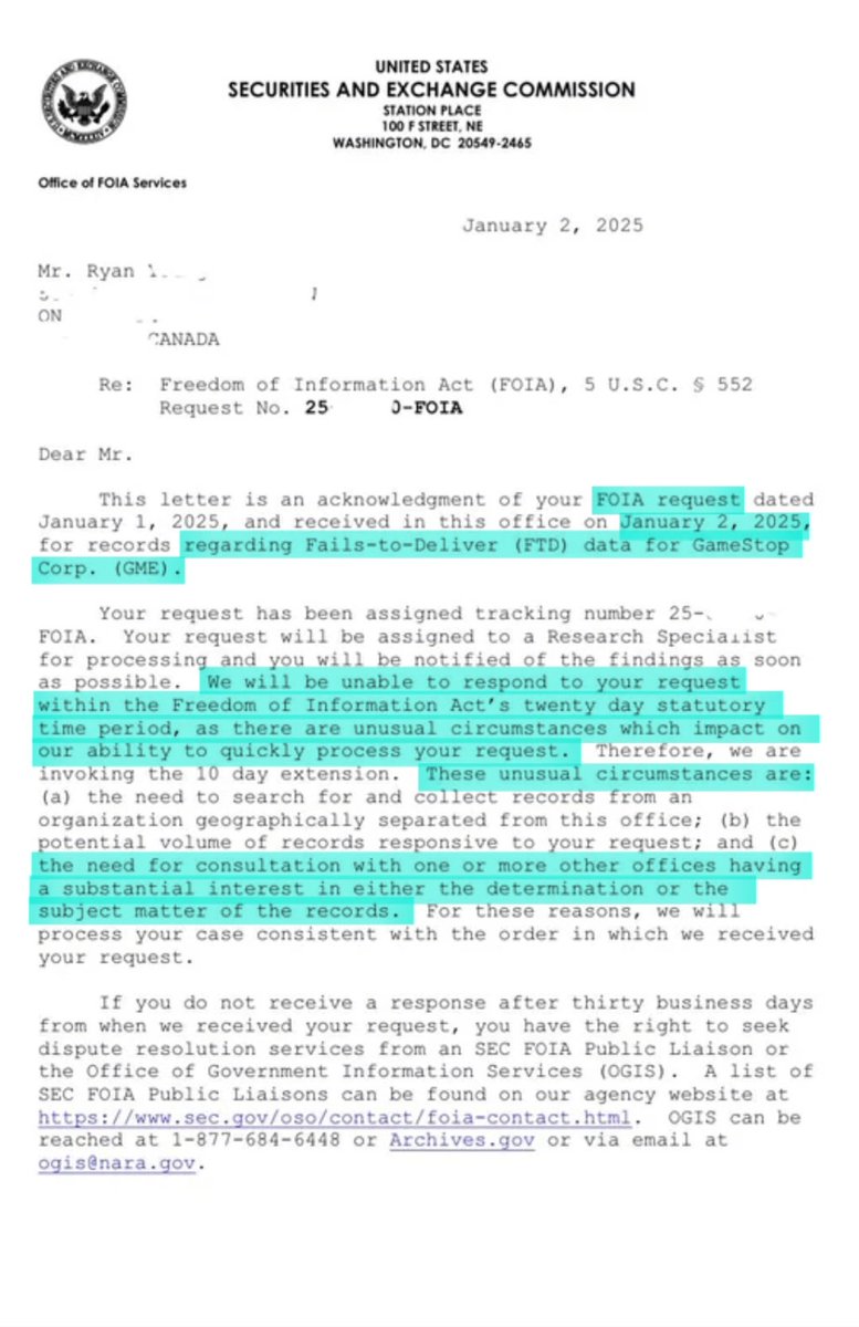 Why won't they release the FTD data? 

The first excuse was "foreseeable harm", and now it's 'unusual circumstances' and the need to consult with other offices having a "substantial interest" in either the determination or the subject matter of the records 🔥🥵

$GME 🏴‍☠️