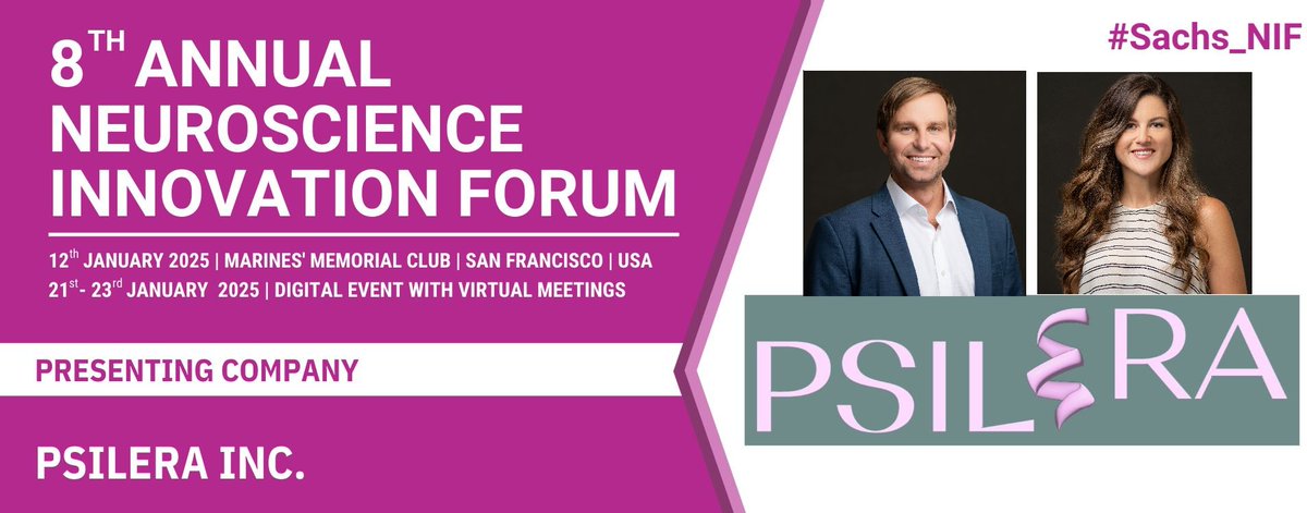 Psilera (@psilera) on Twitter photo The 8th Annual Neuroscience Innovation Forum is only one week away! Co-Founders <a href="/ChemWit/">Chris Witowski, PhD</a> and @JvonSalm will be presenting the latest data on PSIL-006 and meeting with investors throughout JPM week. Message us to connect!
#Sachs_NIF #JPM #mindfulmedicine #FTD #biotech The 8th Annual Neuroscience Innovation Forum is only one week away! Co-Founders <a href="/ChemWit/">Chris Witowski, PhD</a> and @JvonSalm will be presenting the latest data on PSIL-006 and meeting with investors throughout JPM week. Message us to connect!
#Sachs_NIF #JPM #mindfulmedicine #FTD #biotech
