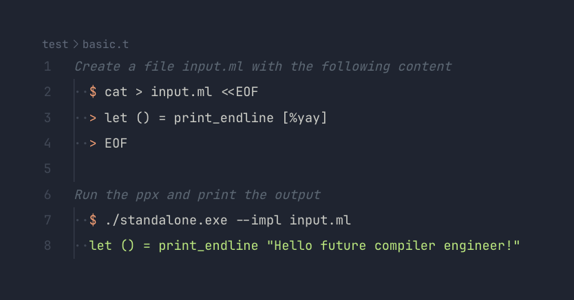 today is my last day of holidays, and i pushed a new blog post

If you have your own ppx, please consider using cram tests. In the previous post, I describe why they are great; in this one, I guide you to use your own ppx as a standalone exe and other cool tricks

as promised,
