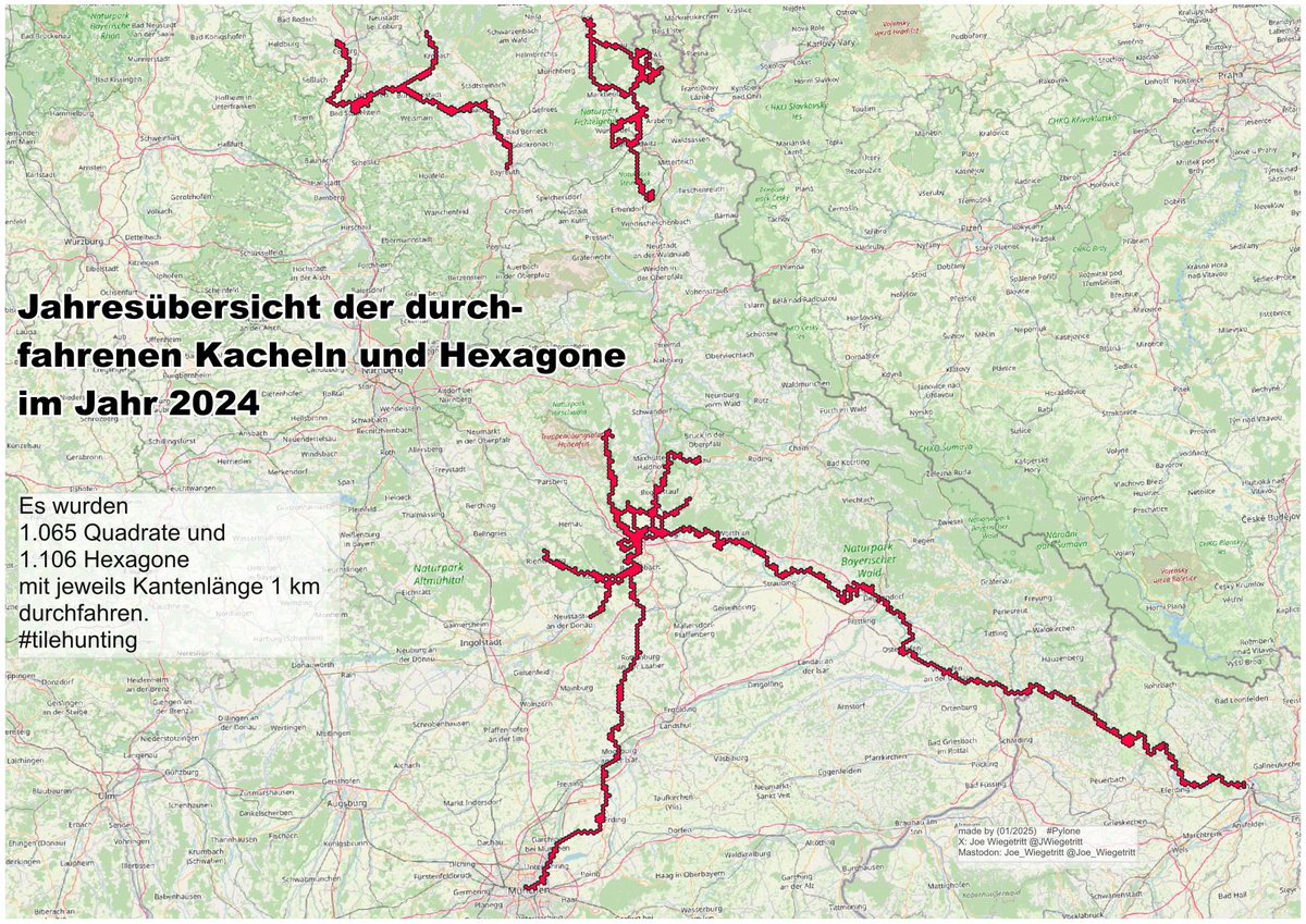 JWiegetritt's tweet image. #Fahrradsaison #Abschluss Diese #QGIS-Karte zeigt die 1.106 #Hexagone, die auf den #Radtour|en 2024 durchfahren wurden. Außerdem wurden bei 144 Touren 1.065 Quadrate mit Kantenlänge 1 km erforscht. Anlehnung an #tilehunting. #Pylone